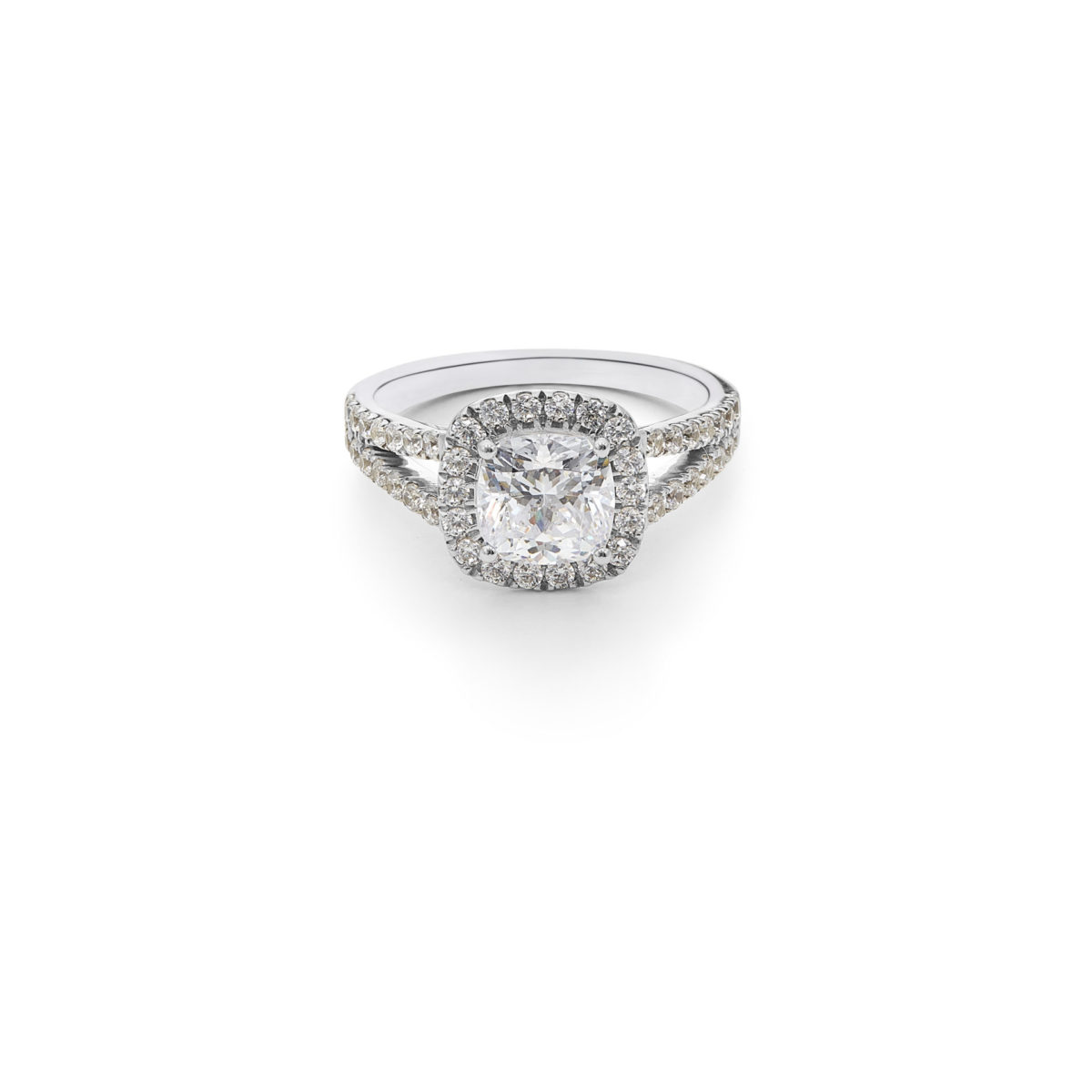Keepers Collection Clara Engagement Ring - Halo Set Cushion Cut Diamond with Pave Diamond Split Shoulders