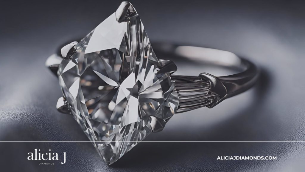 Understanding Diamond Characteristics - Fluorescence A engagement ring on a black silk cloth with a big diamond