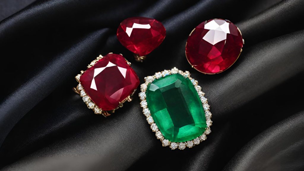 Emerald, ruby and sapphire on a black silk cloth